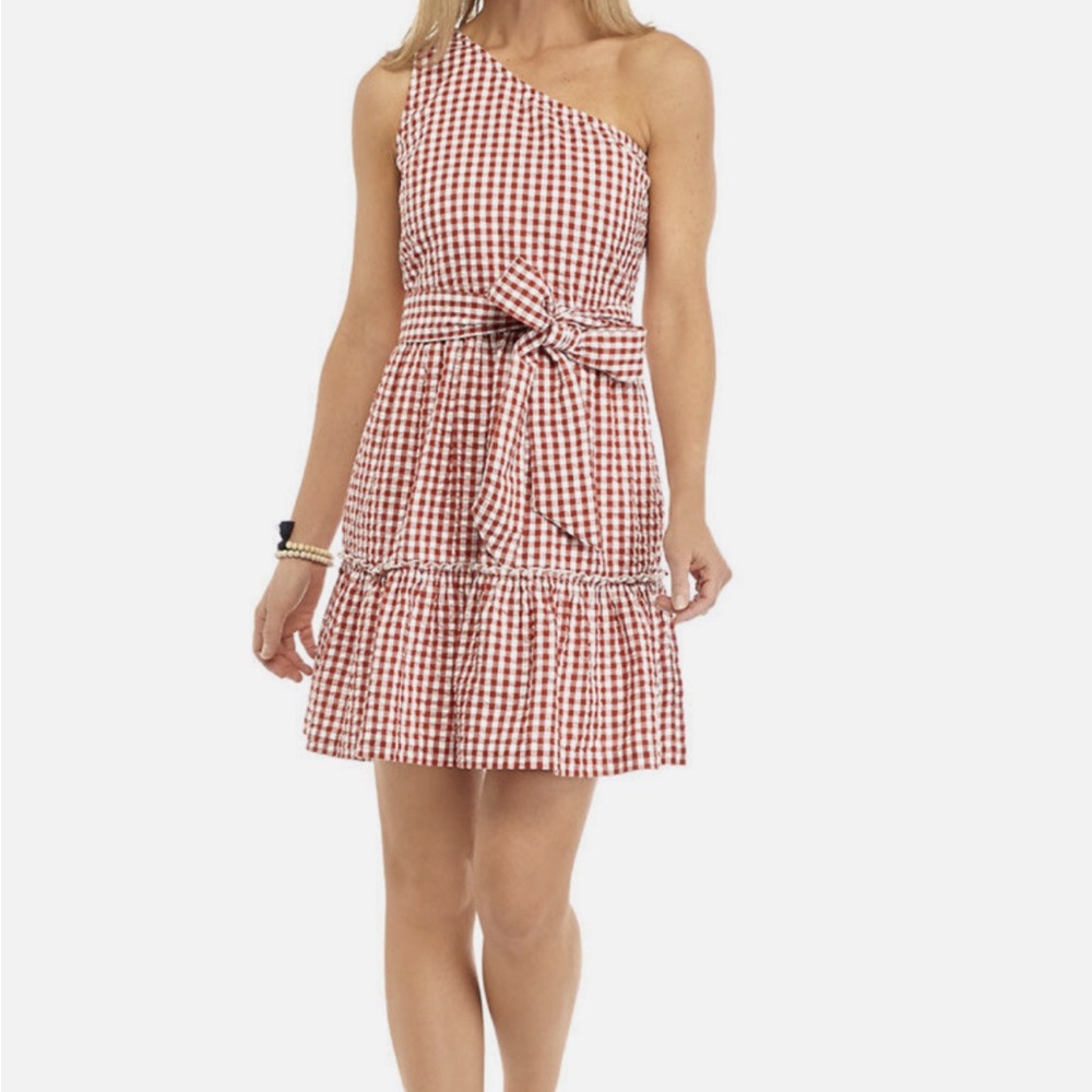 Crown & Ivy Red Checkered One-Shoulder Dress
